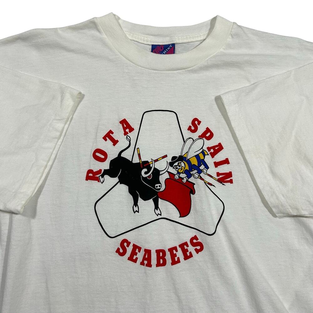 Vintage 90s Rota Spain Seabees T-Shirt Men’s Large Single Stitch White Tee